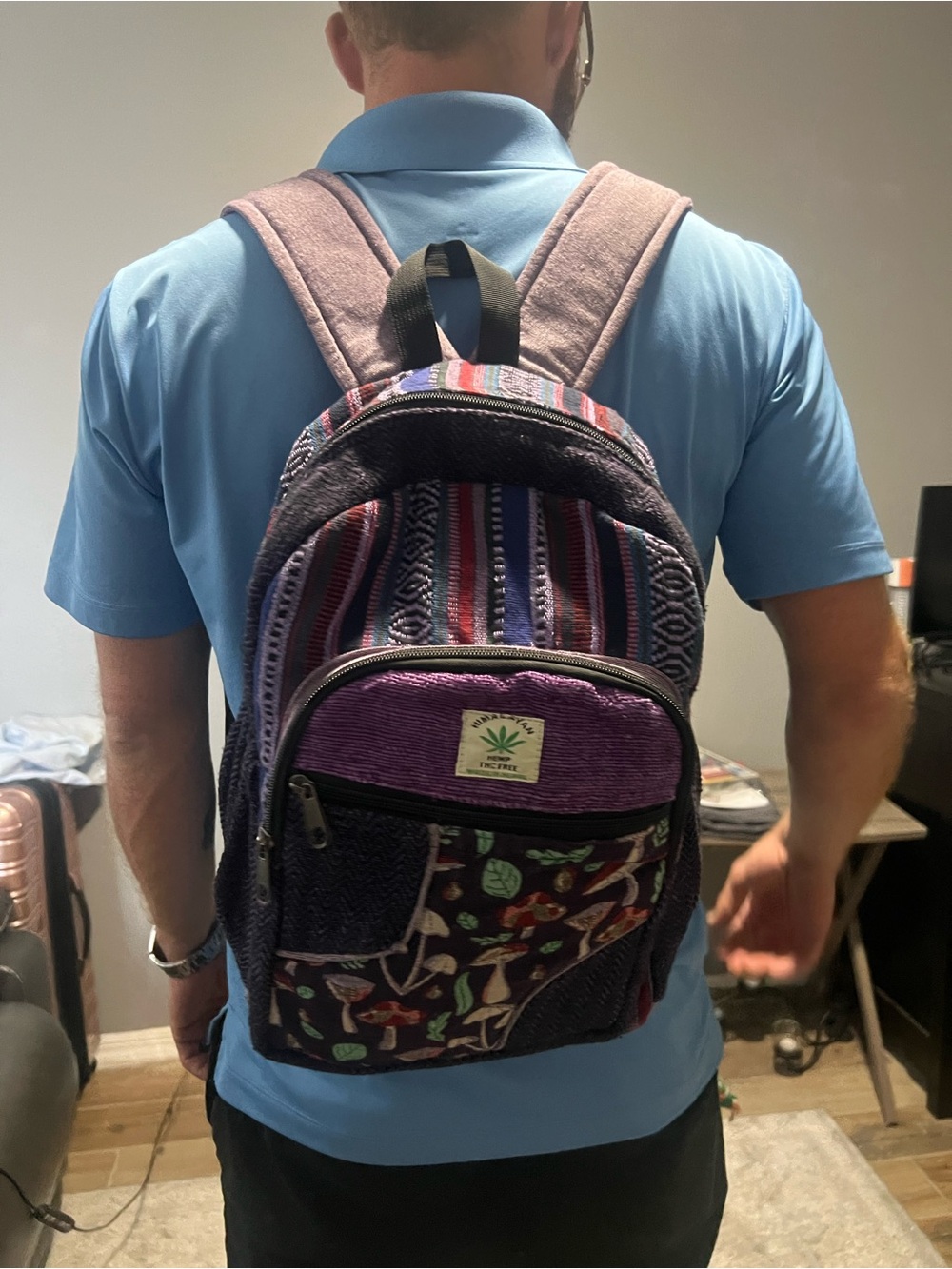 Multicolor Striped & Patchwork Backpack with Purple Front Pocket